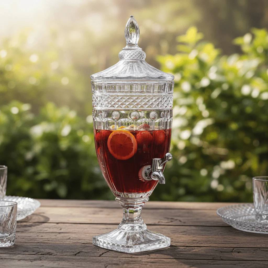 Glass Beverage Dispenser 3L – Crystal Cut Design with Lid & Tap - Image 2