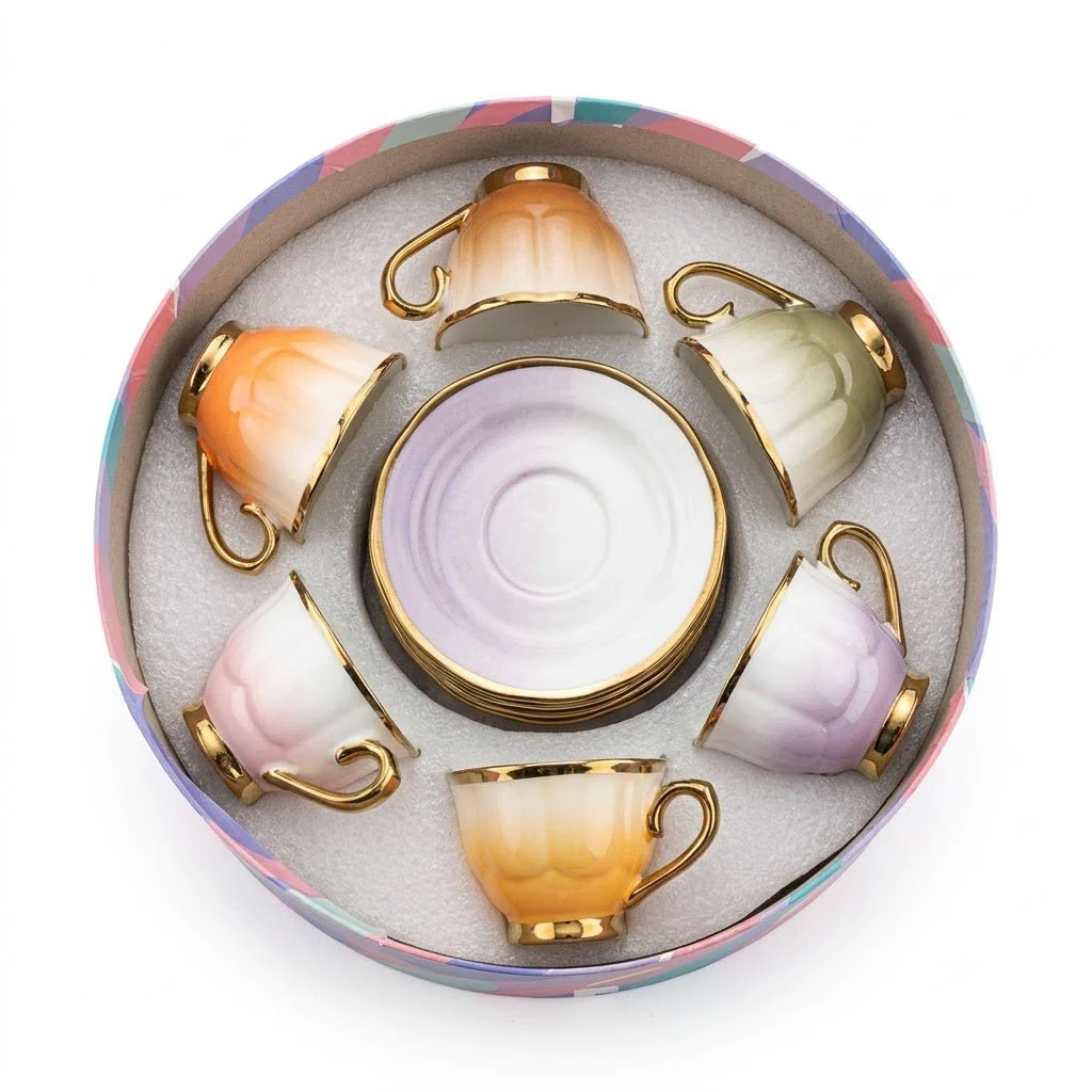 12-Piece Ceramic Cup & Saucer Set 200ml | 6 Cups + 6 Saucers | Assorted Ombre Colors | Gold-Trim Handles