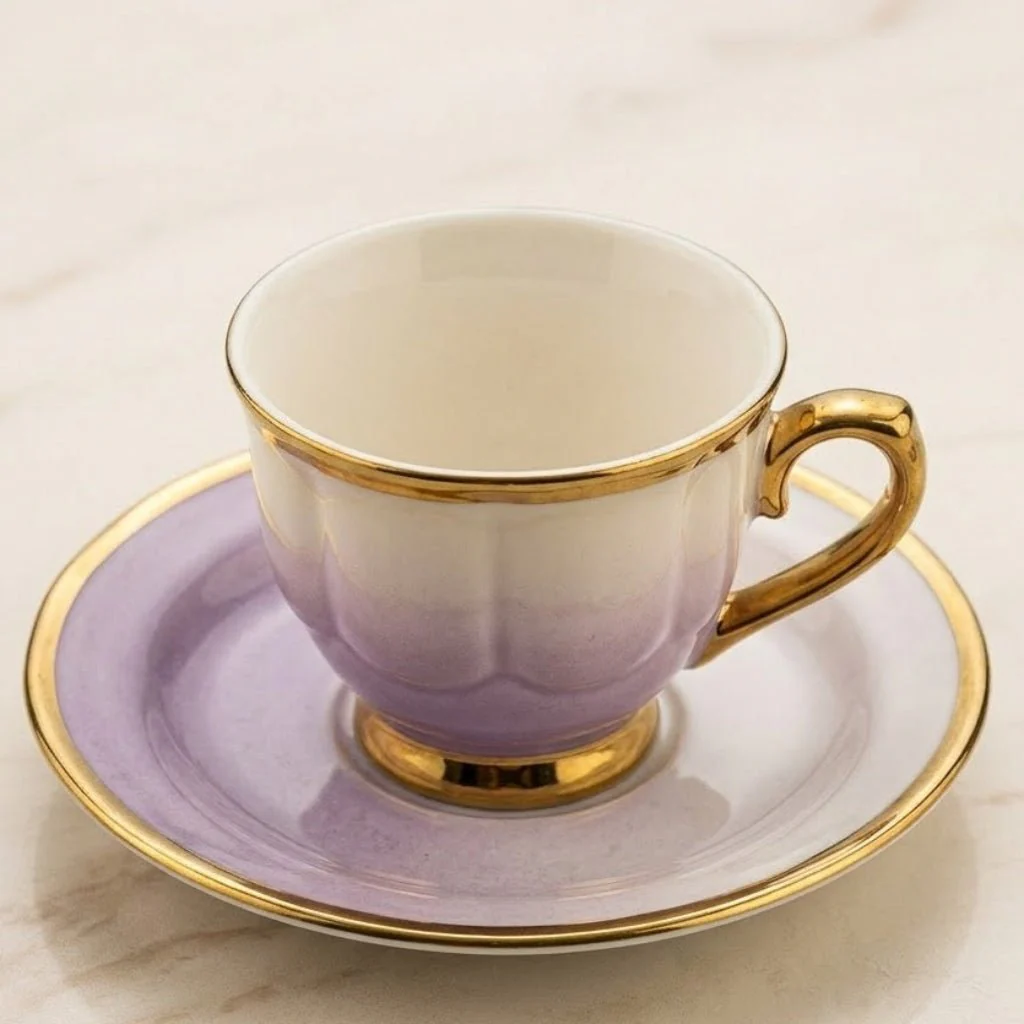 12-Piece Ceramic Cup & Saucer Set 200ml | 6 Cups + 6 Saucers | Assorted Ombre Colors | Gold-Trim Handles - Image 2