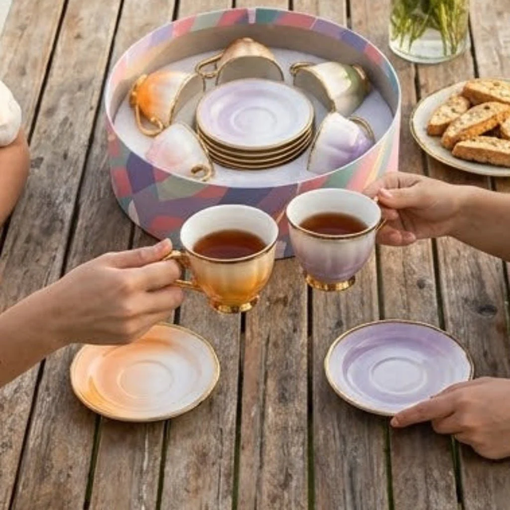 12-Piece Ceramic Cup & Saucer Set 200ml | 6 Cups + 6 Saucers | Assorted Ombre Colors | Gold-Trim Handles - Image 3
