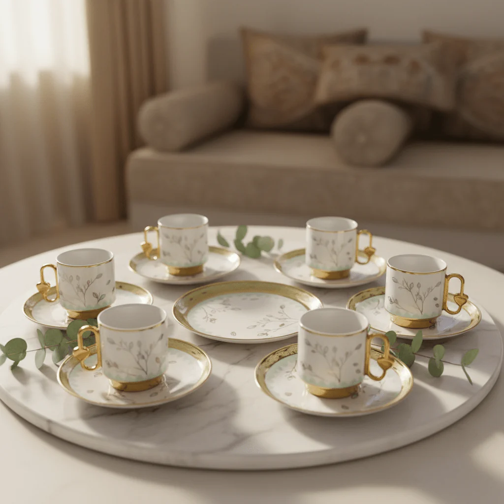 12PCS Ceramic Cup & Saucer Set – 6 Cups & 6 Saucers | Gold & Mint Green Floral Design - Image 3