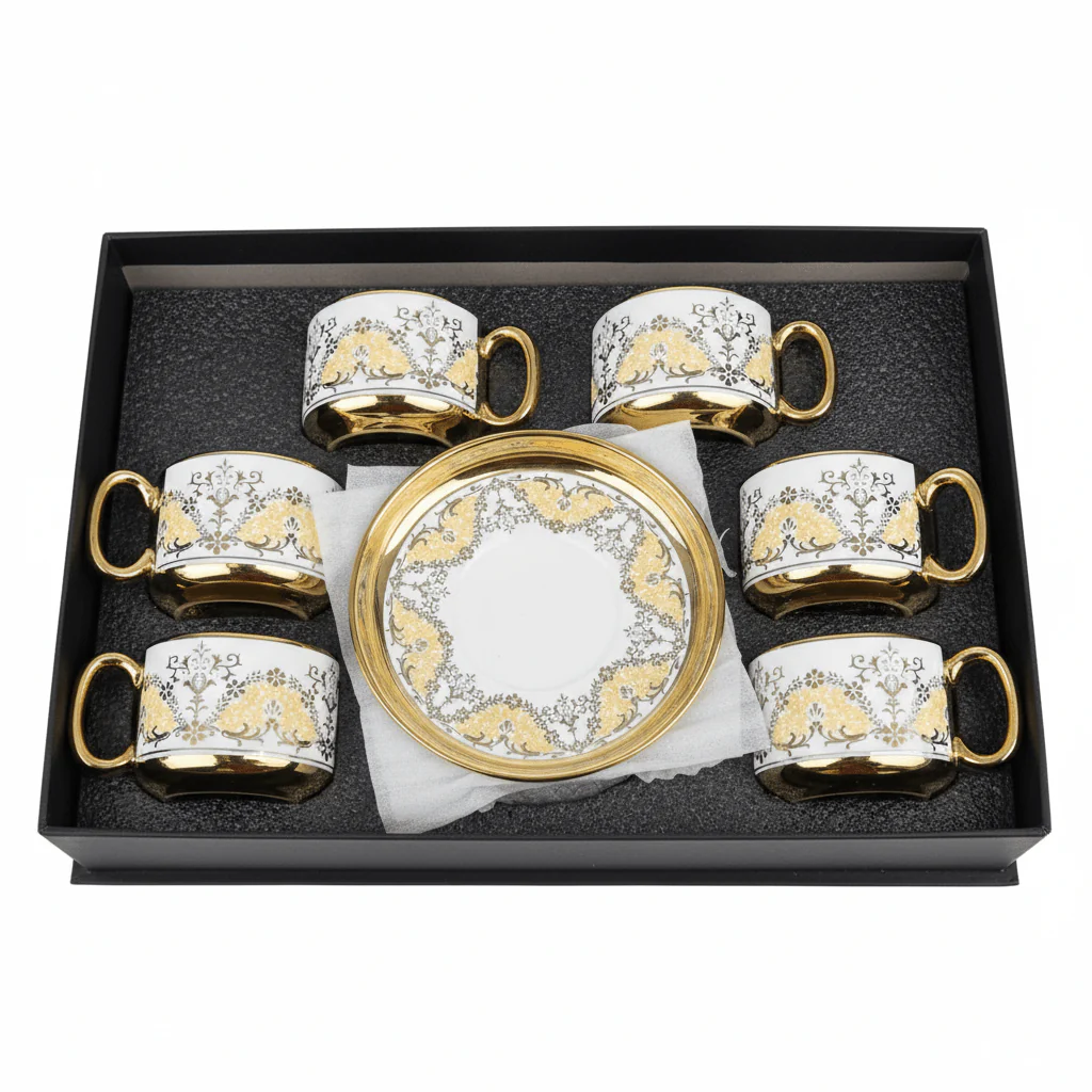 12PCS Luxury Ceramic Cup & Saucer Set 12 – 6 Cups & 6 Saucers 130ml | Gold Floral Design