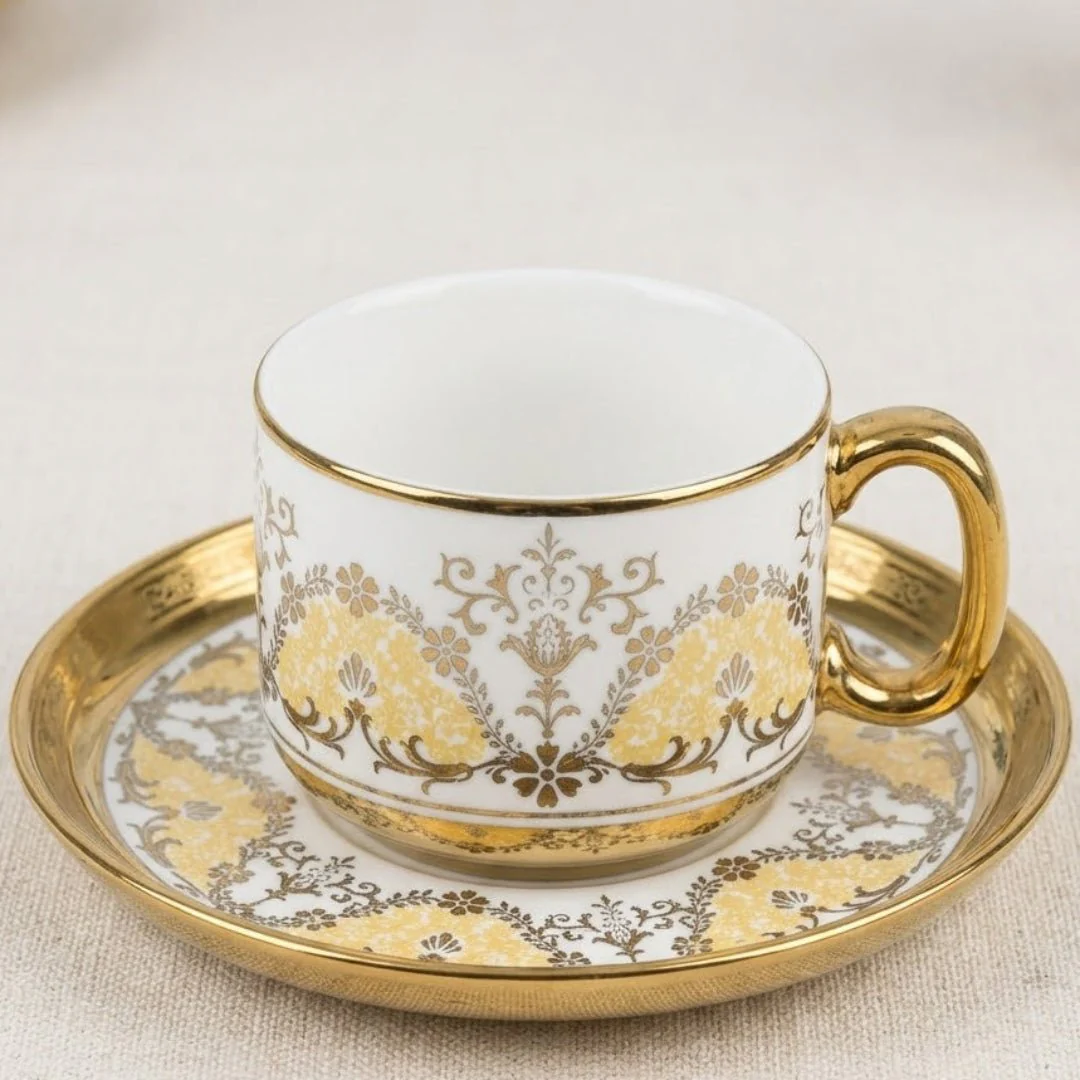 12PCS Luxury Ceramic Cup & Saucer Set 12 – 6 Cups & 6 Saucers 130ml | Gold Floral Design - Image 2