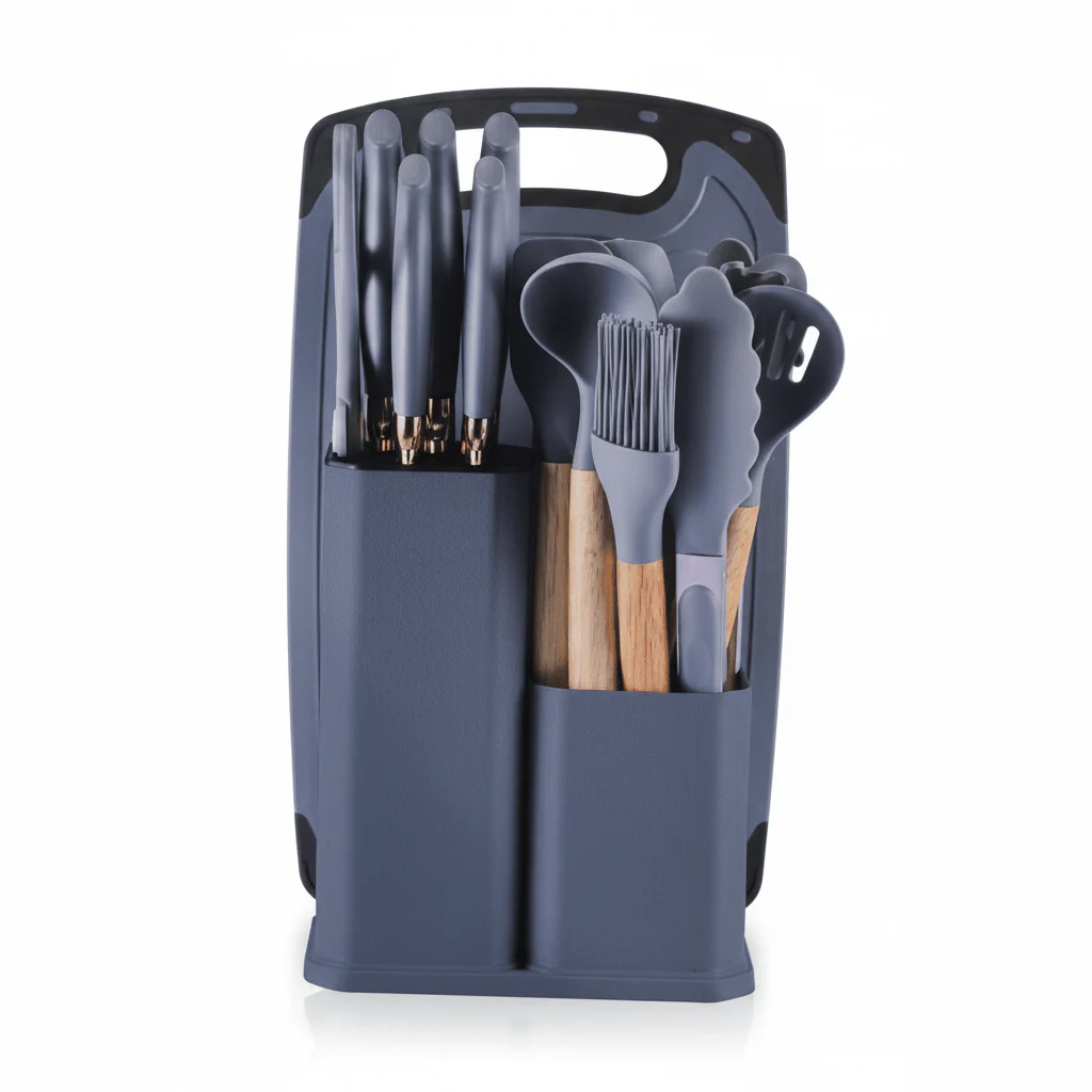 19-Piece Silicone Kitchen Utensil Set with Knife Block & Cutting Board — Assorted Colors