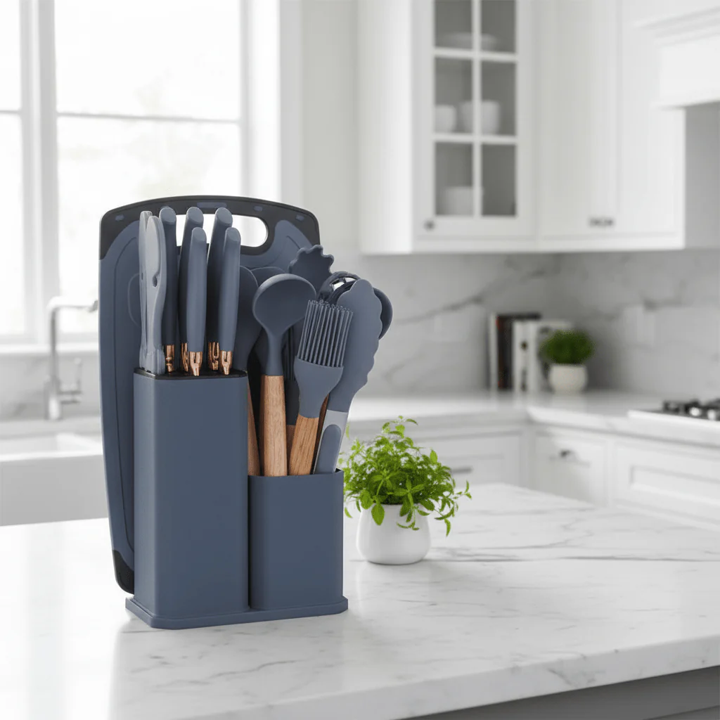 19-Piece Silicone Kitchen Utensil Set with Knife Block & Cutting Board — Assorted Colors - Image 4