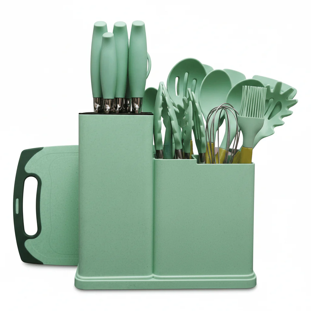 19-Piece Silicone Kitchenware Set – Knives, Utensils & Chopping Board (Assorted Colors)