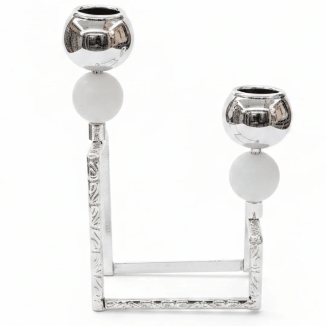 2-Way Silver Metal Candle Holder | Dual Globe Candlestick | 9×18cm