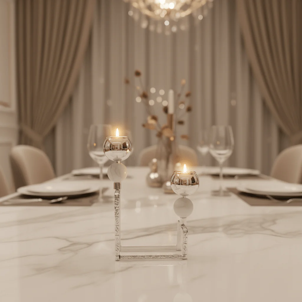 2-Way Silver Metal Candle Holder | Dual Globe Candlestick | 9×18cm - Image 2