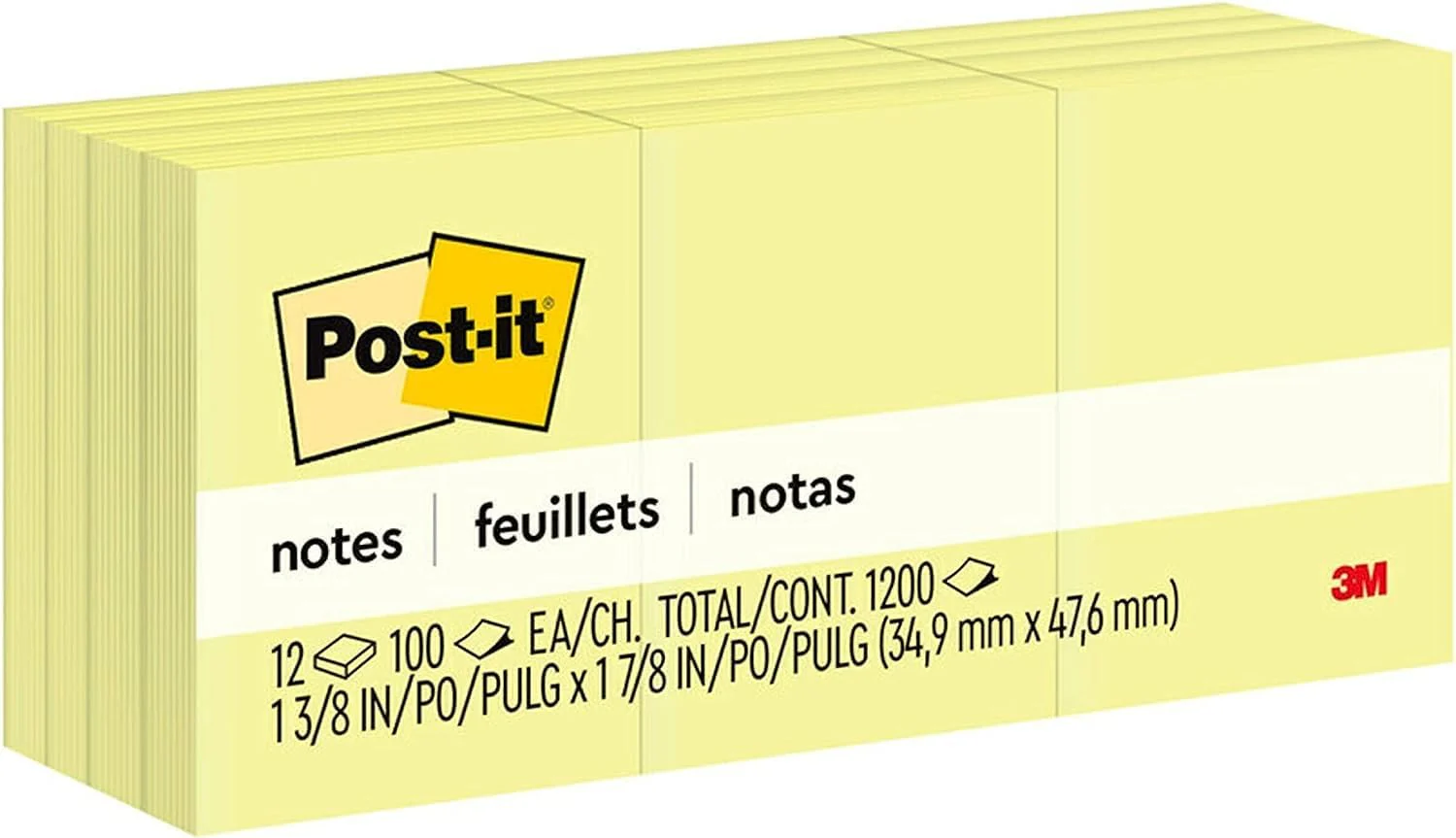Post-it Notes Canary Yellow 653 (35 mm x 57 mm), 12 pads/pack | Sticky Notes | Yellow Color | For Note Taking, To Do Lists and Reminders | Clean Removal | Recyclable | 100 sheets/pad