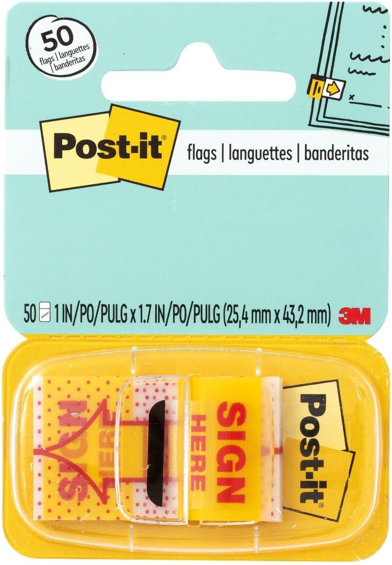 Post-It Printed Message Flags, "Sign Here", 25.4mm*43.2mm Yellow, One Dispenser Of 50 Flags
