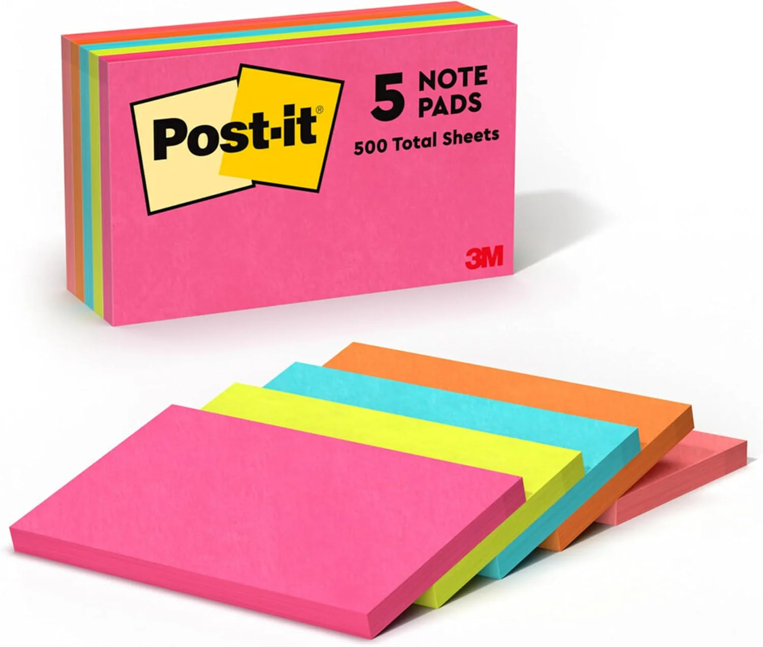 Post-it Notes Neon Colors 655-5PK 3 x 5 in (76 x 127 mm), 5pads/pack | Assorted Colors | Sticky Notes | For Note Taking, To Do Lists and Reminders | Clean Removal | Recyclable | 100 sheets/pad