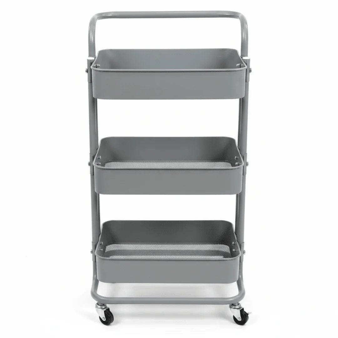 3-Tier Rolling Metal Storage Cart with Wheels & Handle | Mesh Shelves Utility Trolley | Grey & Blue | 44×39×70 cm |