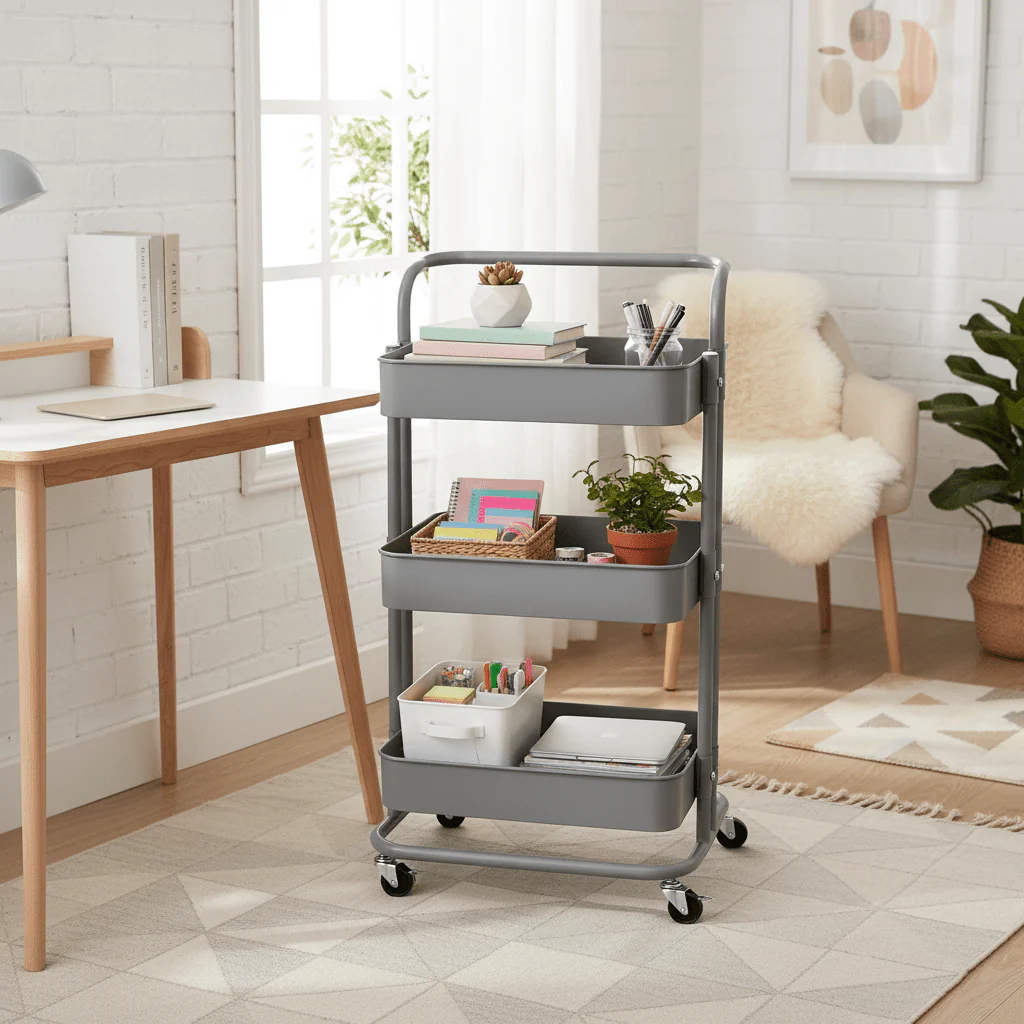 3-Tier Rolling Metal Storage Cart with Wheels & Handle | Mesh Shelves Utility Trolley | Grey & Blue | 44×39×70 cm | - Image 3