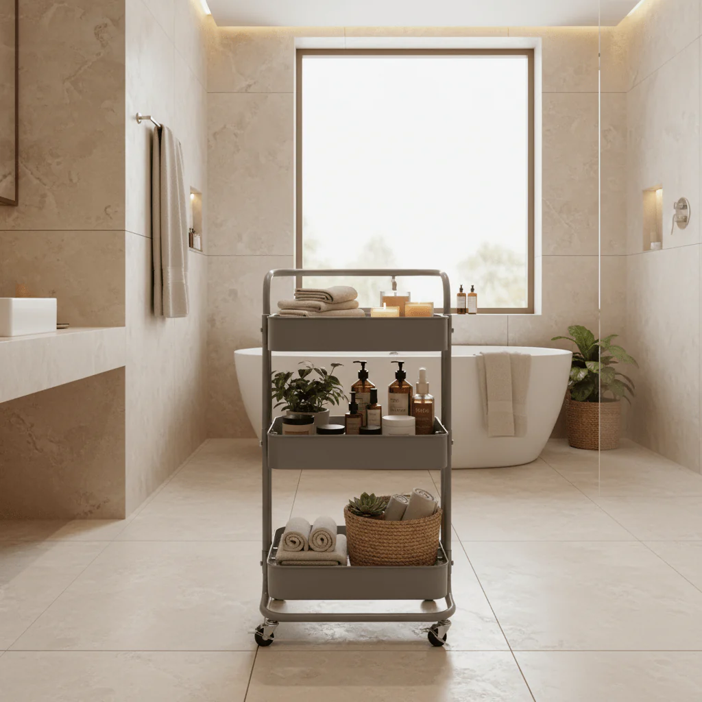 3-Tier Rolling Metal Storage Cart with Wheels & Handle | Mesh Shelves Utility Trolley | Grey & Blue | 44×39×70 cm | - Image 4