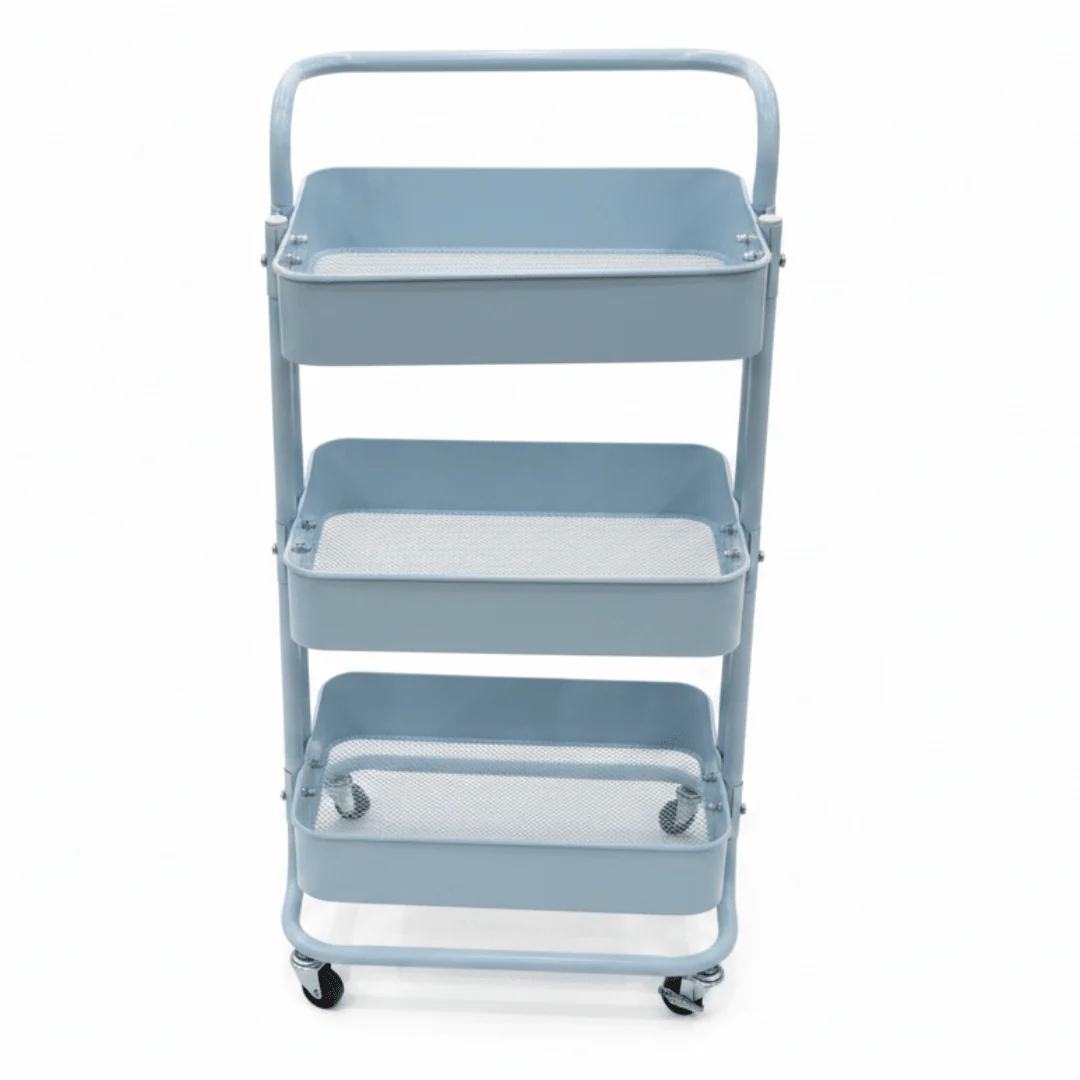 3-Tier Rolling Metal Storage Cart with Wheels & Handle | Mesh Shelves Utility Trolley | Grey & Blue | 44×39×70 cm | - Image 5