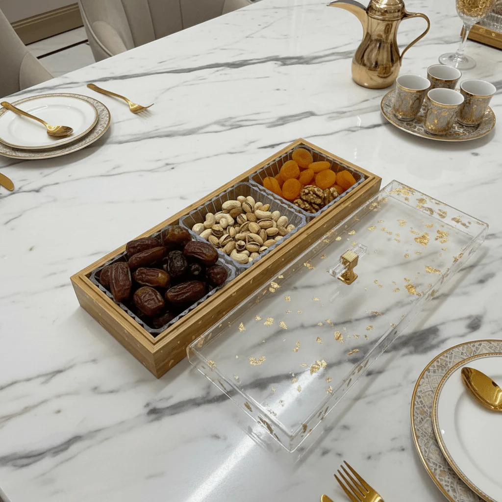 Luxury 3-Piece Acrylic Crystal Candy Bowl Set | Rectangular Honey Brown Wooden Tray with Gold Flake Acrylic Lid | 36×13 cm - Image 2