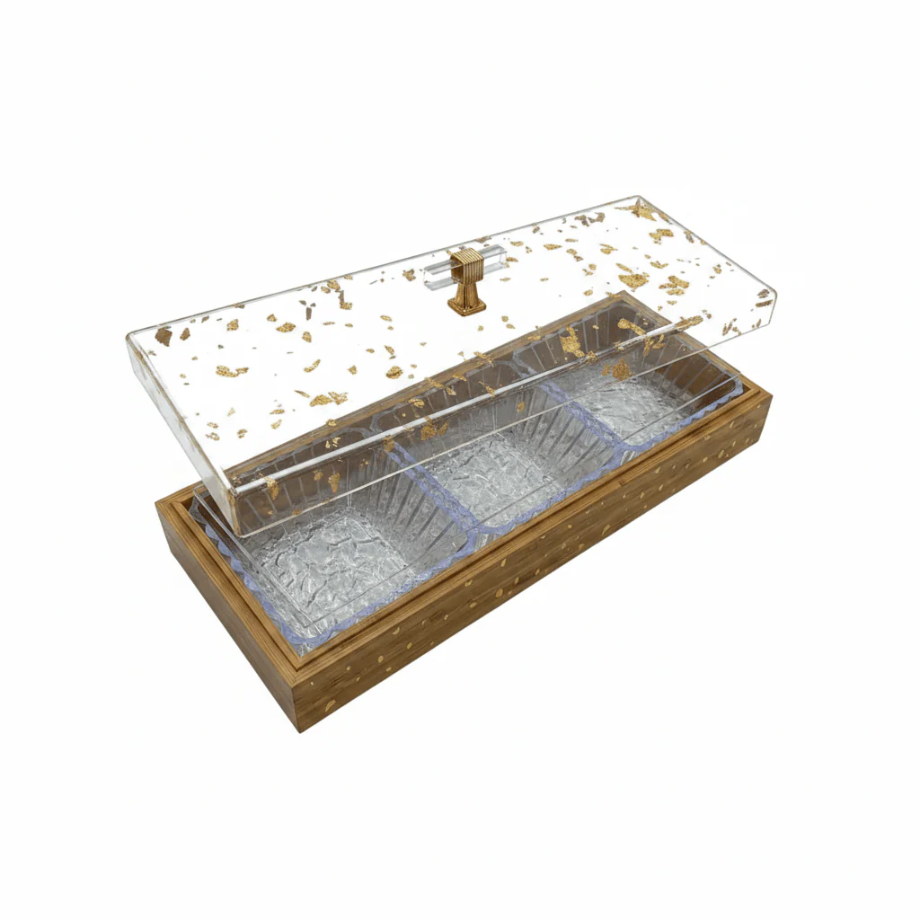 Luxury 3-Piece Acrylic Crystal Candy Bowl Set | Rectangular Honey Brown Wooden Tray with Gold Flake Acrylic Lid | 36×13 cm - Image 3