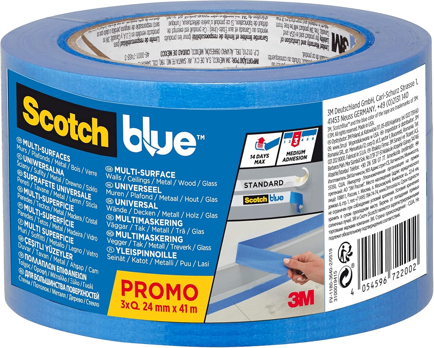 Scotch Blue Premium Masking Tape 24mm x 41m, 3 rolls/pack | Blue color | Masking and Protection | High adhesion | Multi-Surface | For walls, ceiling, metal, wood | Easy to Remove with no residue