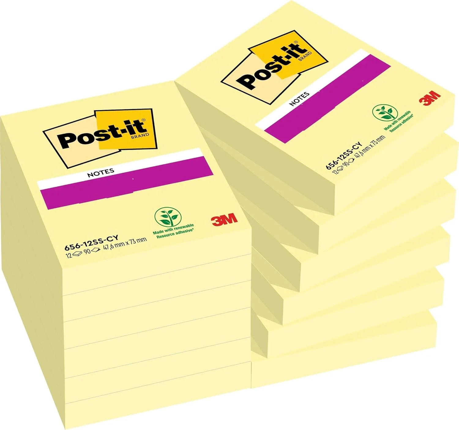 Post-it Notes Canary Yellow 656 2 x 3 in (51 x 76 mm), 12 pads/pack | Yellow Color | Sticky Notes | For Note Taking, To Do Lists and Reminder | Clean Removal | No damage | Recyclable | 100 sheets/pad