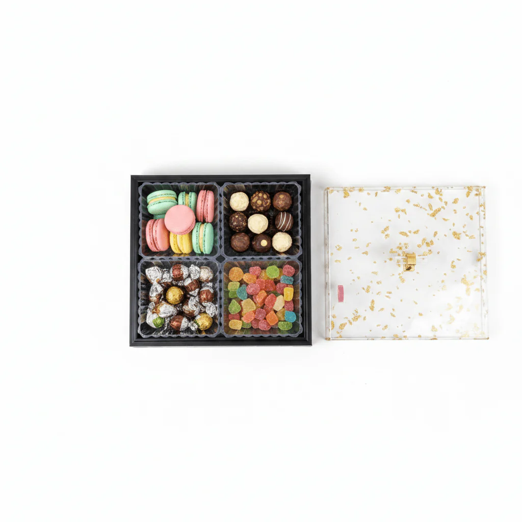 4-Piece Acrylic Crystal Candy Bowl Set with Black Wooden Tray & Gold Foil Lid | 24×24cm - Image 3