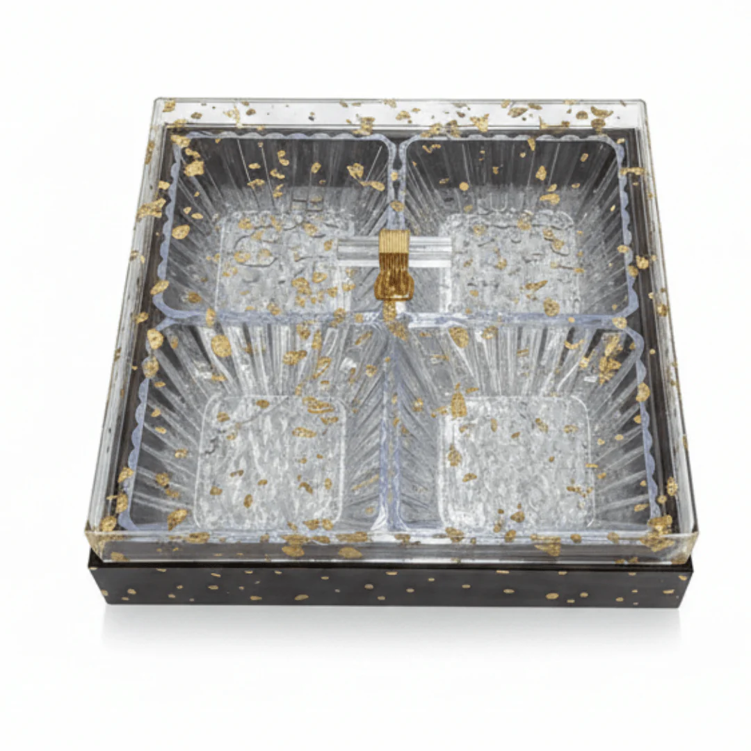 4-Piece Luxury Acrylic Crystal Candy Bowl Set with Brown Wooden Tray & Acrylic Lid | 24×24cm