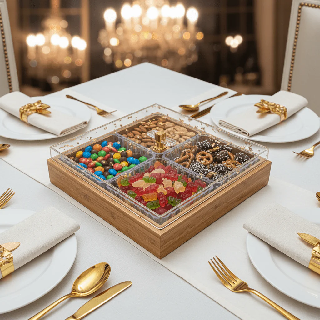 Luxury 4-Piece Crystal Acrylic Candy Bowl Set with Gold Flake Lid & Square Wooden Tray | 24×24cm - Image 2