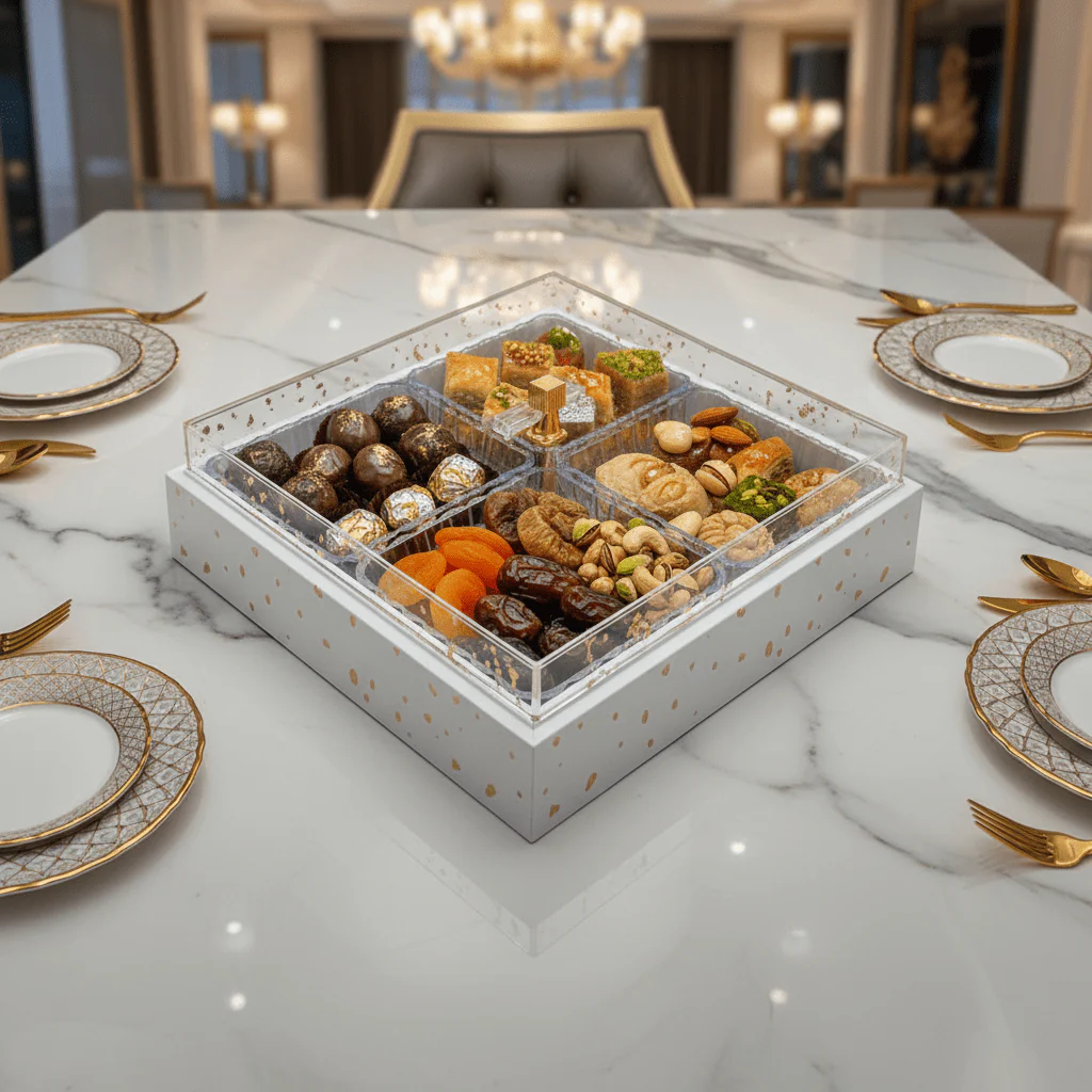 4-Piece Acrylic Crystal Candy Bowl Set with White Wooden Tray & Acrylic Lid — 24×24 cm - Image 2
