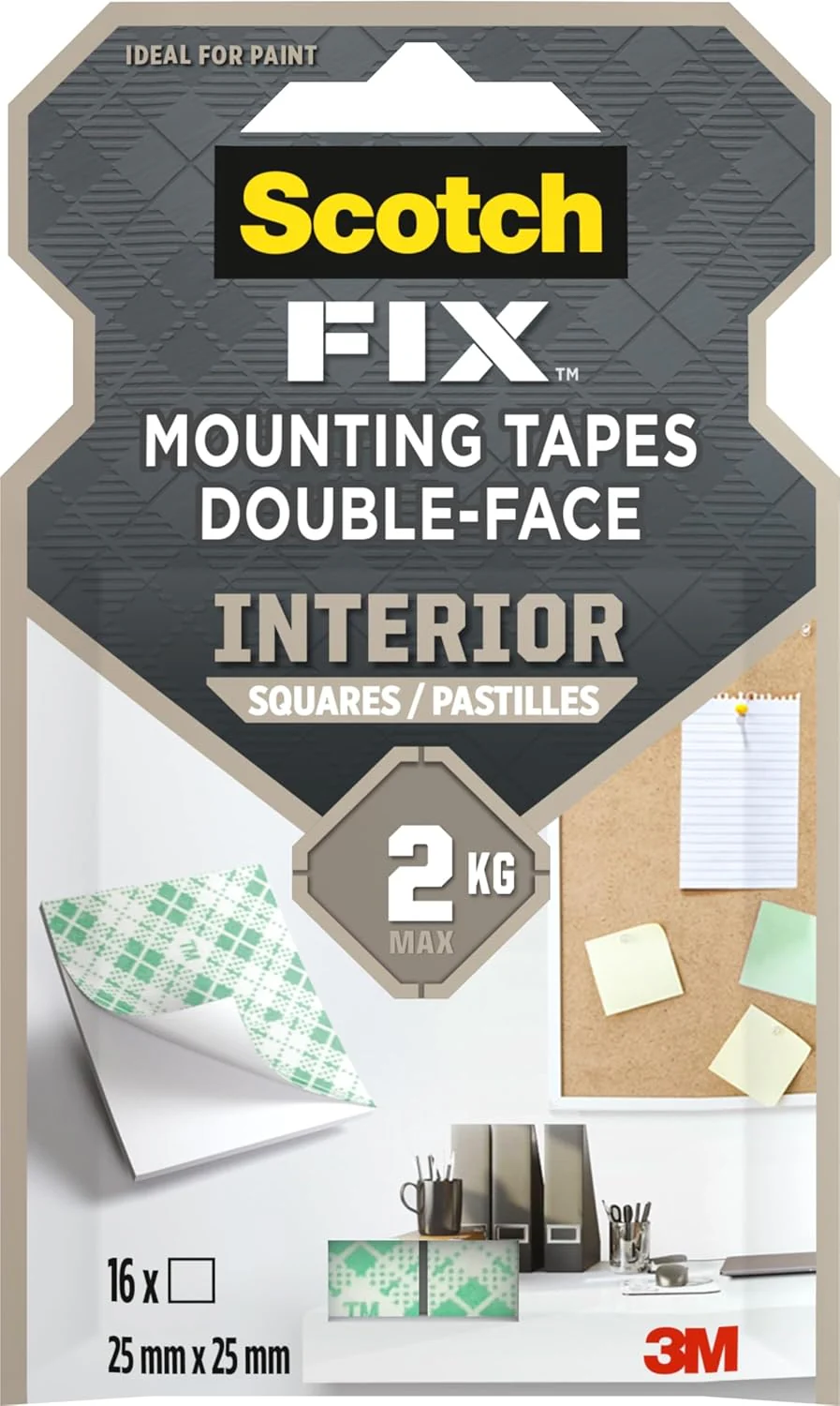 Scotch Mount Indoor Squares 25x25mm each, 16 Squares/Pack | White color | Holds up 150 gr. per square | Good Strength | Multiple Applications | Multi-Surface | No Tools | Double Sided Adhesive Tape