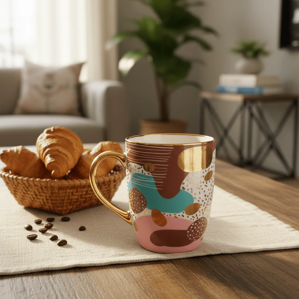 Abstract Art Ceramic Mug with Gold Handle 350ml - Image 2