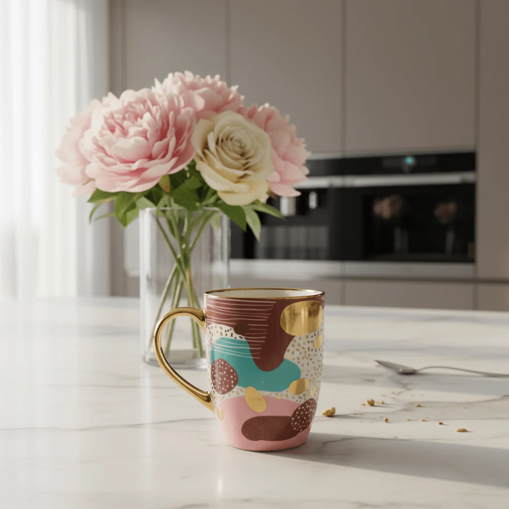 Abstract Art Ceramic Mug with Gold Handle 350ml - Image 3