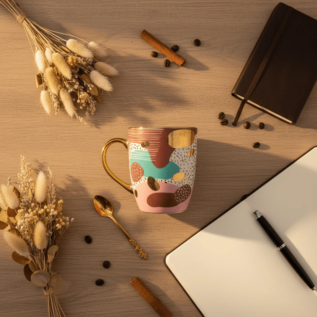 Abstract Art Ceramic Mug with Gold Handle 350ml - Image 4