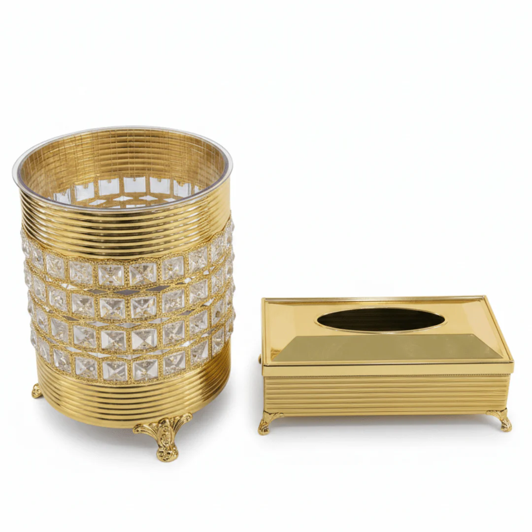 Acrylic Dustbin Set with Gold Metal Base and Tissue Box Holder – Decorative and Functional – 28 × 22 cm & 26 × 13 cm