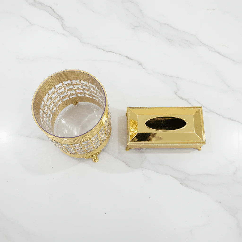 Acrylic Dustbin Set with Gold Metal Base and Tissue Box Holder – Decorative and Functional – 28 × 22 cm & 26 × 13 cm - Image 2