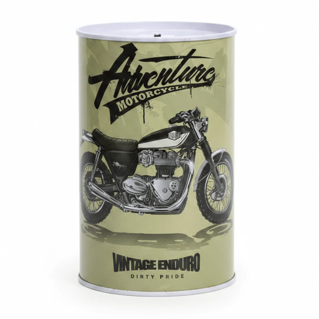 Adventure Motorcycle Vintage Enduro Metal Coin Piggy Bank Tin Box | Round Saving Box for Kids & Adults | 13×8 cm | Olive Green