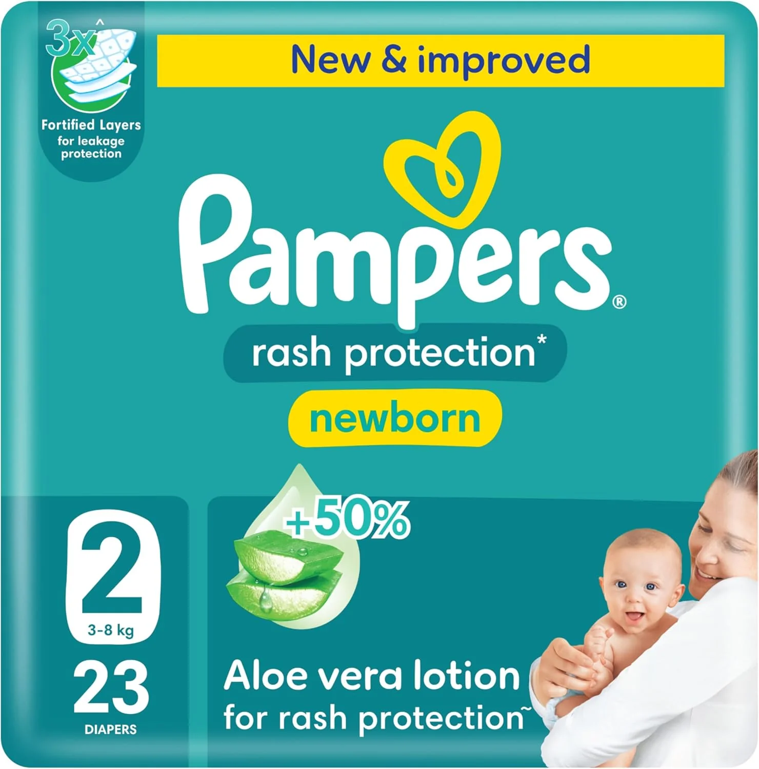 Pampers Rash Protection Taped Diapers, Size 2, 3-8kg, +50% Aloe Vera Lotion for Rash Protection, 3x Fortified Layers for Leakage Protection, Carry Pack, 23 Count