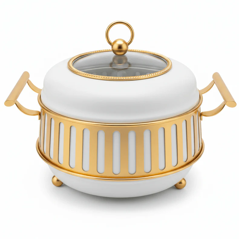 AFCO 2.2 Liter Round Chafing Dish – Elegant White & Gold Buffet Serving Dish with Heat-Resistant Glass Insert and Sturdy Outer Frame