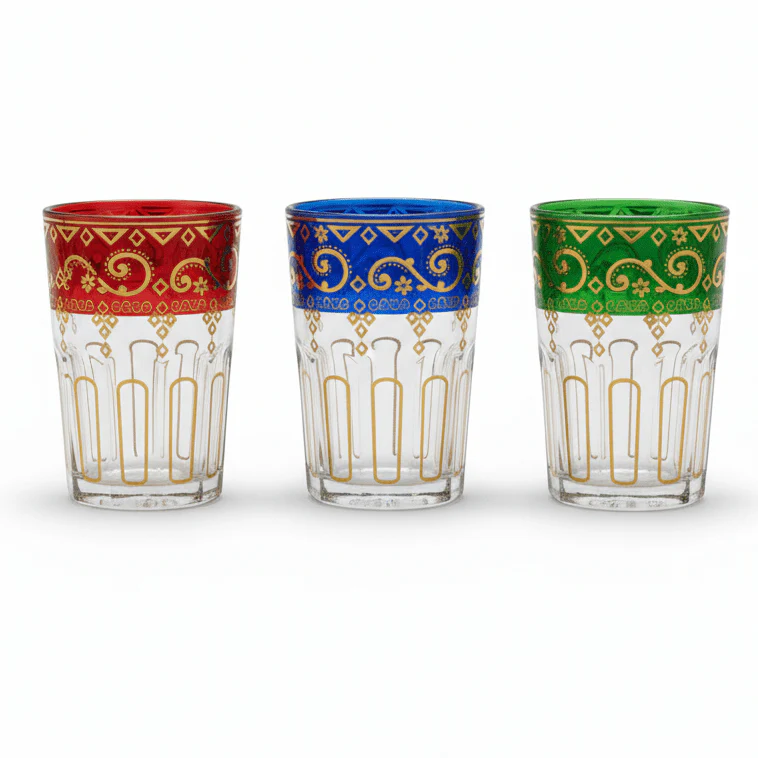 AFCO Moroccan Tea Glasses Set of 3 – 170ml | Red, Blue & Green with Gold Arabesque Design