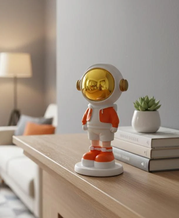 AKDC 16cm Ceramic Small Astronaut Standing Décor in White with Orange | Artistic Decorative Mini Astronaut Sculpture