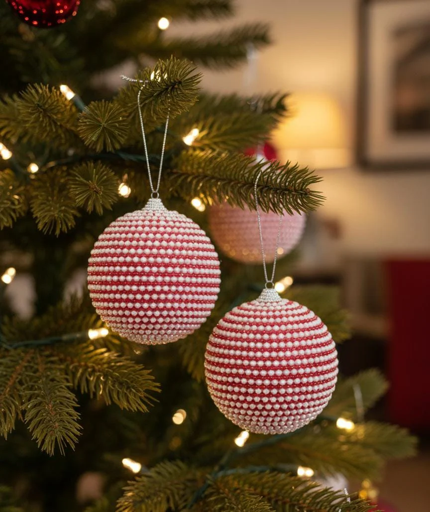 AKDC 2-Piece 10 cm Red & White Pearl Christmas Hanging Ball Décor – Festive Ornament Set for Holiday Decoration