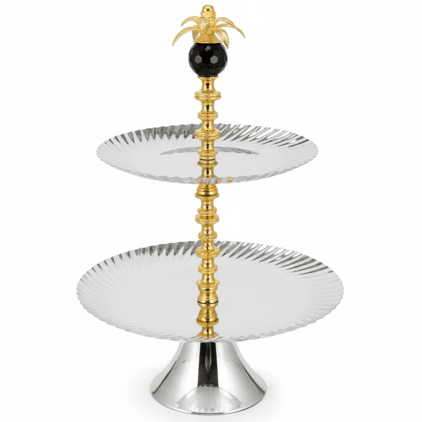 AKDC 2-Tier Round Silver Metal Dessert Stand 40 cm Multi-Layer Serving Tray for Parties & Gatherings