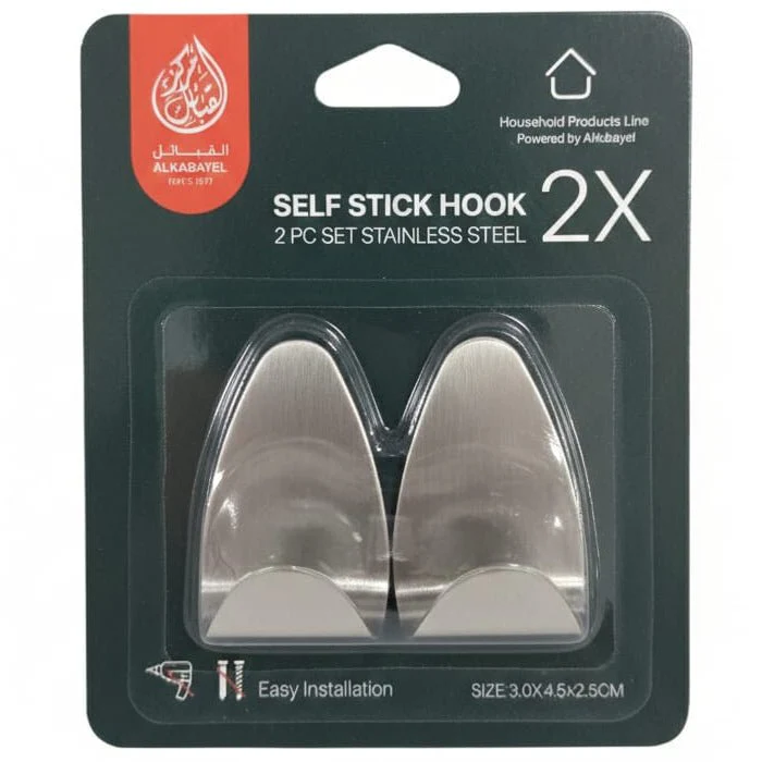 AKDC 2PCS Stainless Steel Removable Adhesive Hooks 3×4.5×2.5cm – Premium SS Wall Sticky Hooks