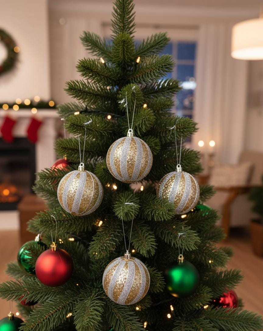 AKDC 3-Piece Gold Christmas Hanging Ball Décor Set – Silver Glitter Finish Ornaments for Holiday Trees