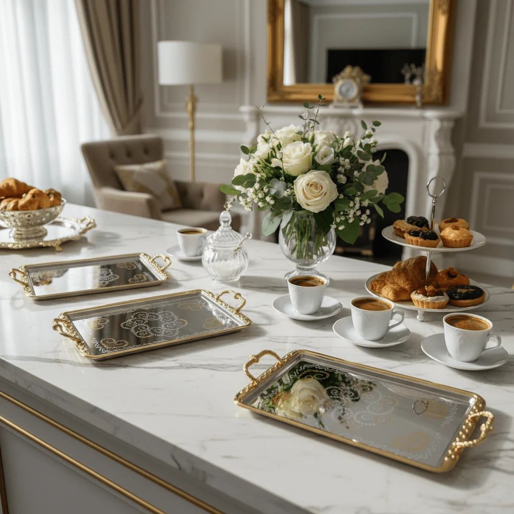AKDC 3-Piece Rectangular Silver Stainless Steel Serving Tray Set with Stylish Golden Handles, Multipurpose Food Tea & Drink Serving Platters for Home Kitchen & Dining – 35 x 22 cm, 42 x 26 cm, 48 x 30 cm - Image 2