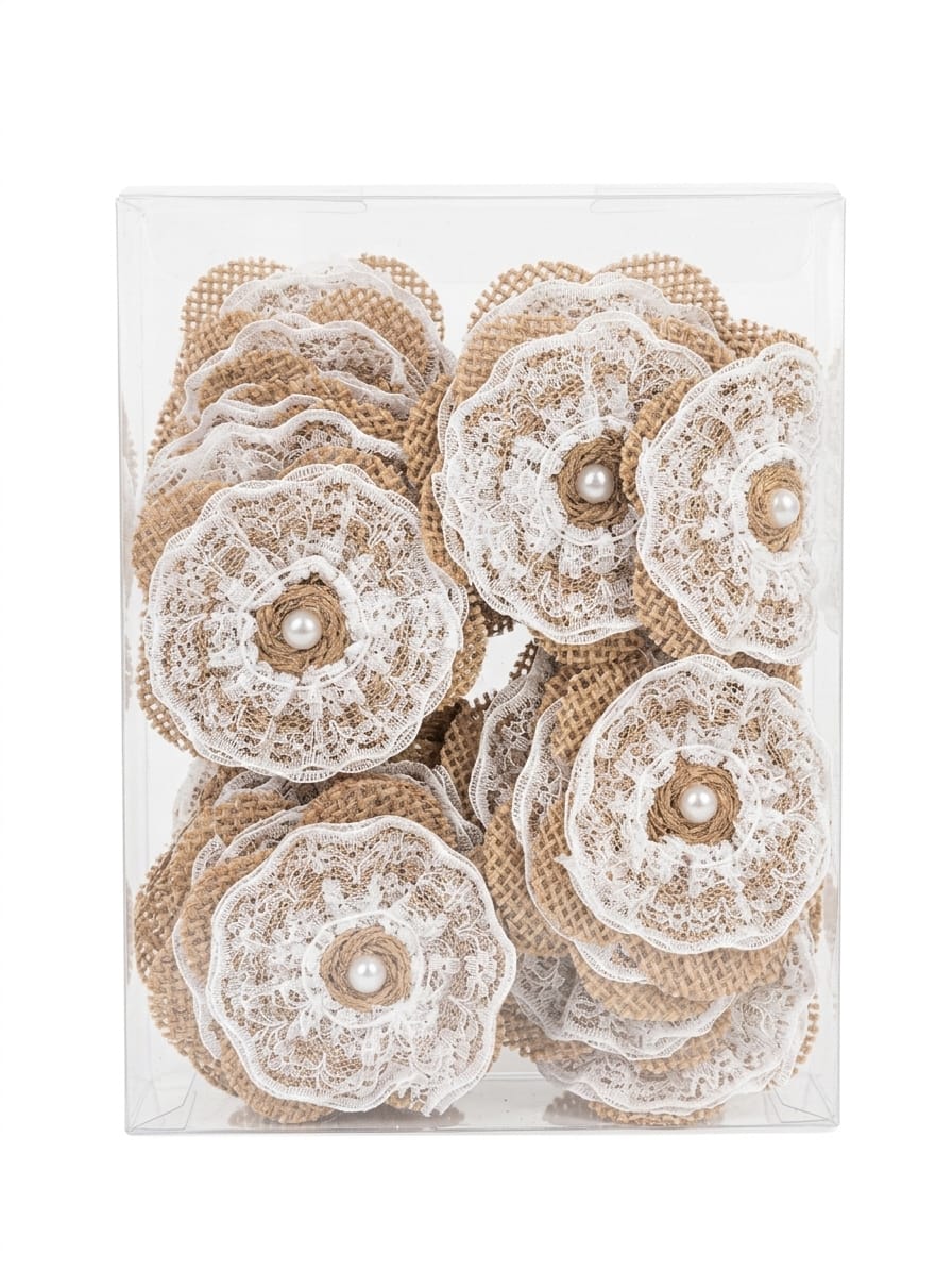 AKDC 36pcs Decorative Jute Folwers, Khaki/White