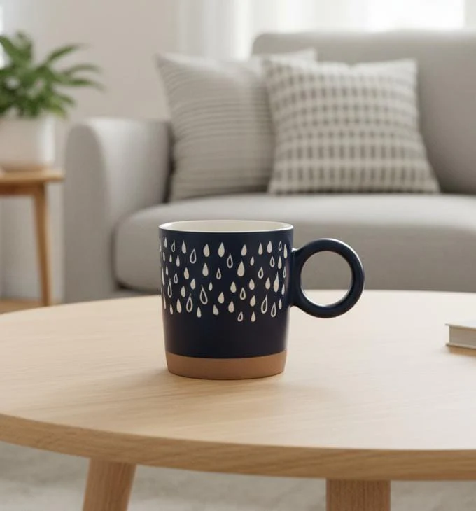 AKDC 400ml Blue Ceramic Mug with White & Brown Unique Pattern – Trendy Design Mug for Daily Use and Décor