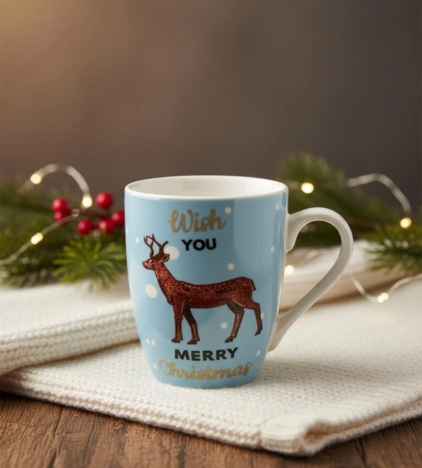 AKDC 400ml Blue & White Ceramic Mug with “Wish You Merry Christmas” Deer Design – Elegant Holiday Drinkware