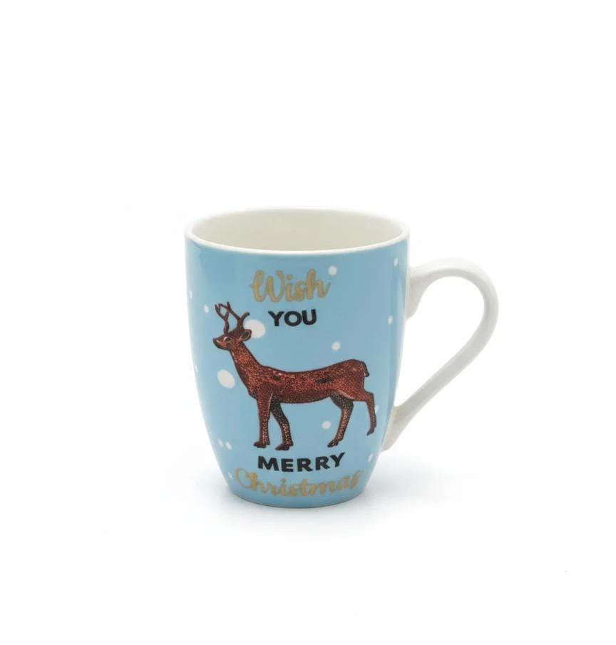 AKDC 400ml Blue & White Ceramic Mug with “Wish You Merry Christmas” Deer Design – Elegant Holiday Drinkware - Image 2