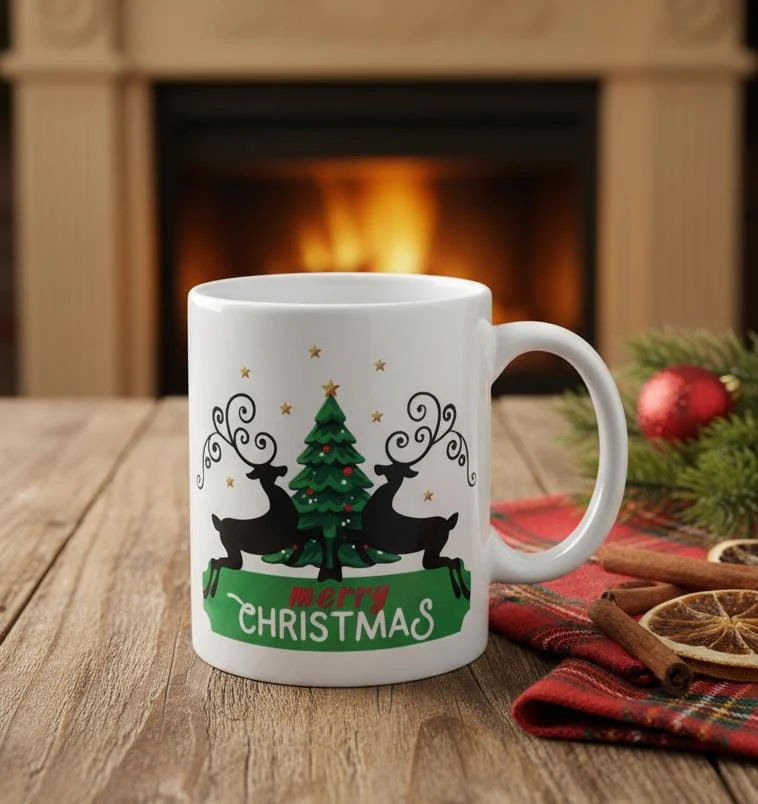 AKDC 400ml Ceramic Mug with Christmas Tree & Deer Design – White Festive Cup for Coffee, Tea & Holiday Gifts