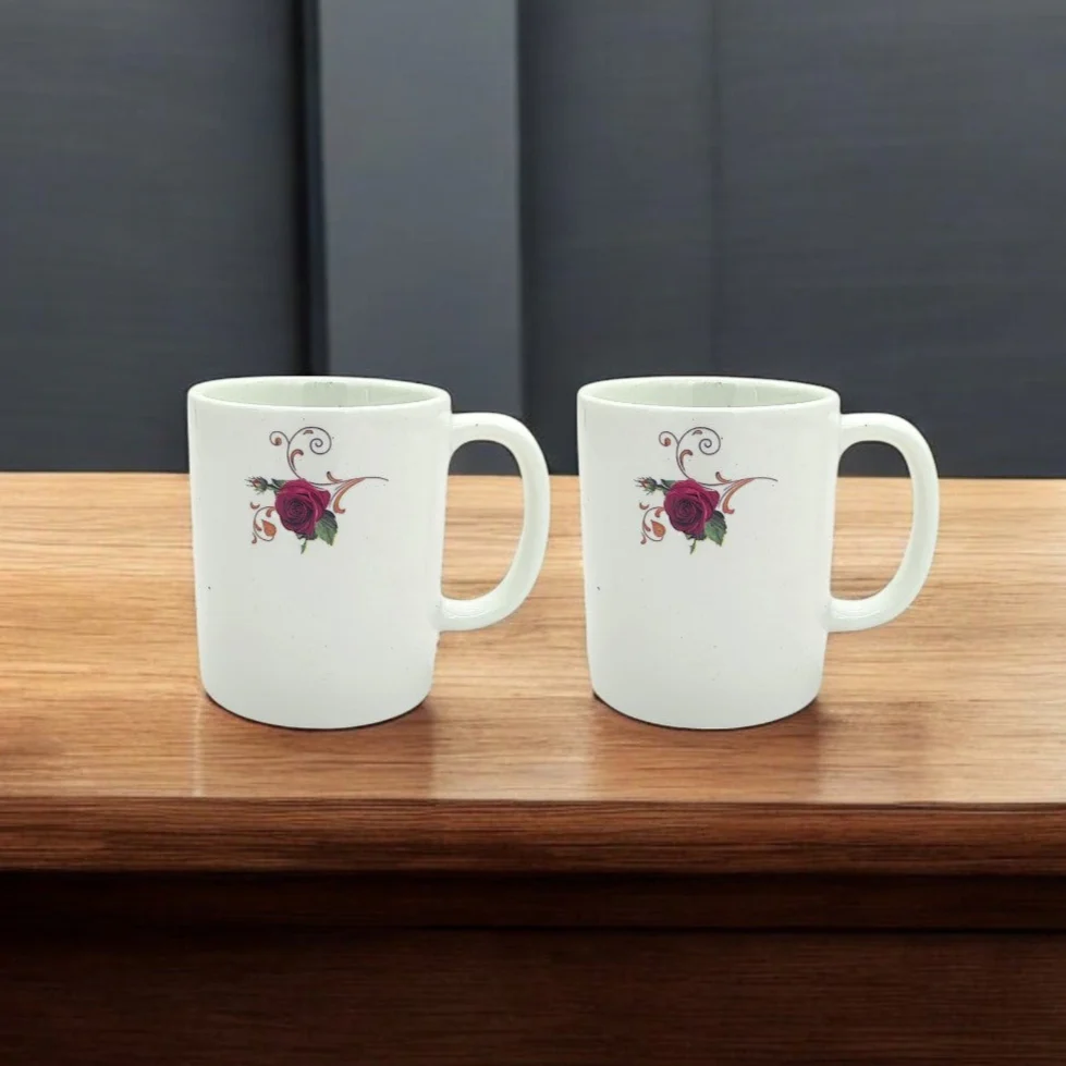 AKDC 400ML Mug Ceramic Rose Flower White Coffee Mug (Pack Of 2)