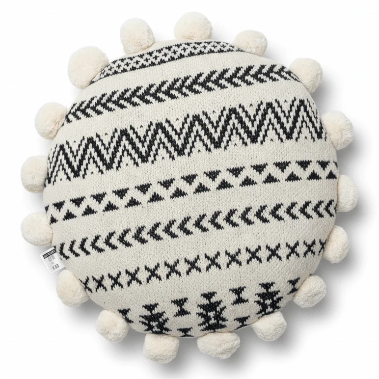 AKDC 42 x 20 cm Round Cotton Cushion – White Decorative Pillow with Black Geometric Zigzag and Cross-Hatch Pattern for Sofa and Bed Decor